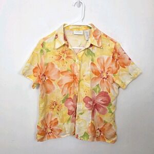 Liz Claiborne Yellow Orange 100% Linen Button Up Floral Tropical Shirt‎ Size MP